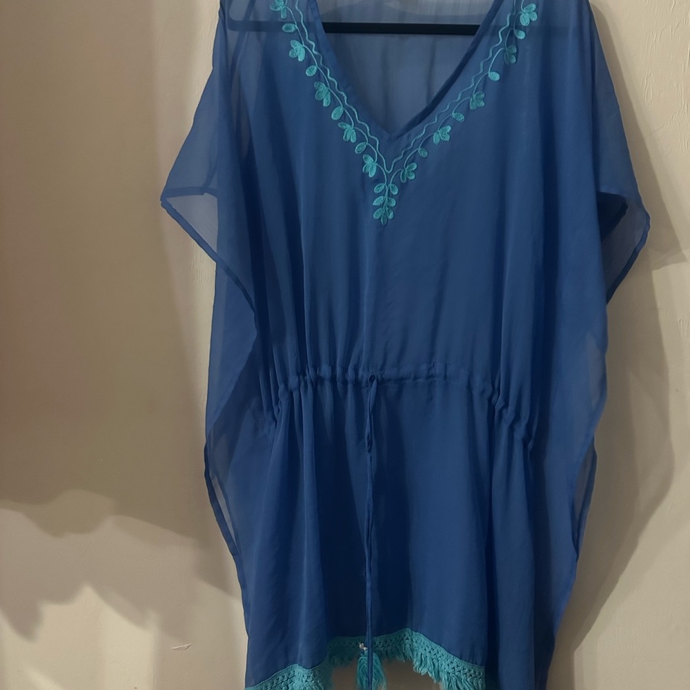 Blue Embroidered Swim Cover-Up